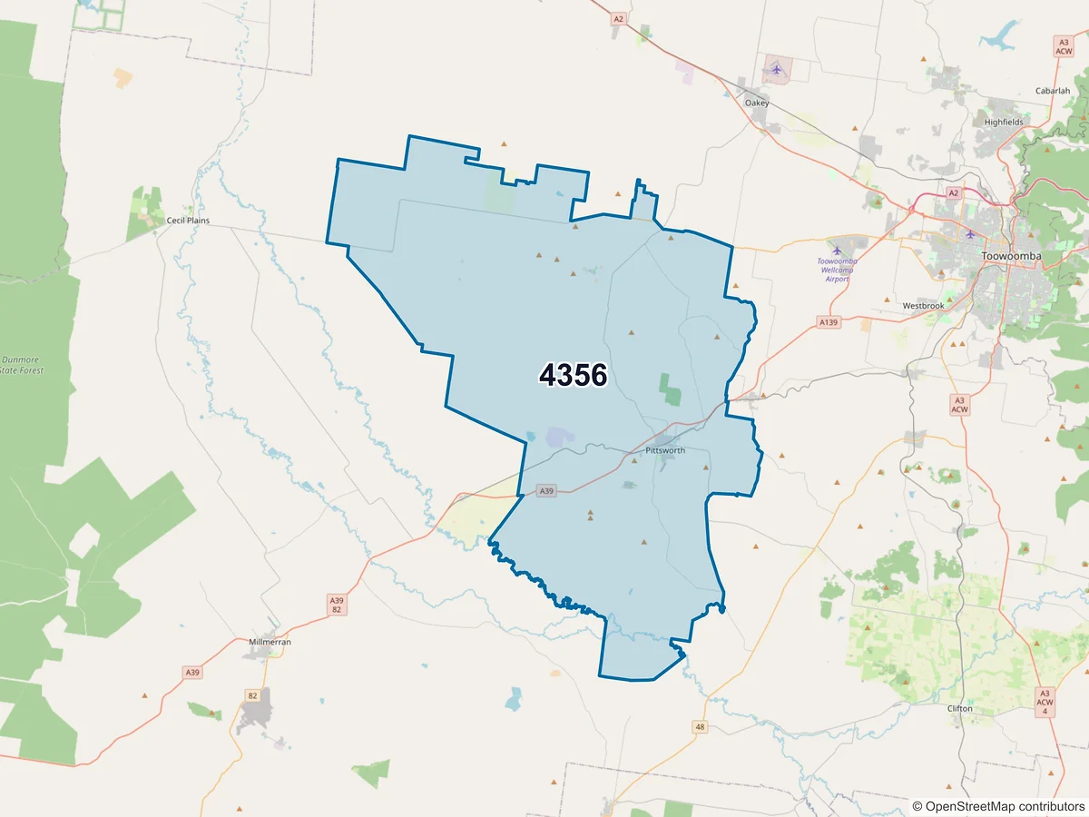 Map of postcode 4356 — Pittsworth, QLD, Australia