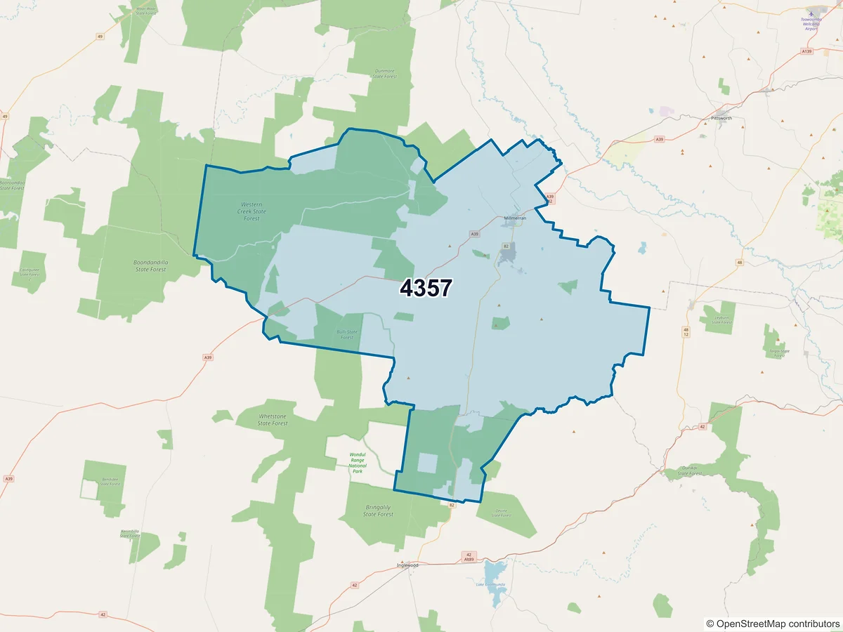 Map of postcode 4357 — Millmerran, QLD, Australia