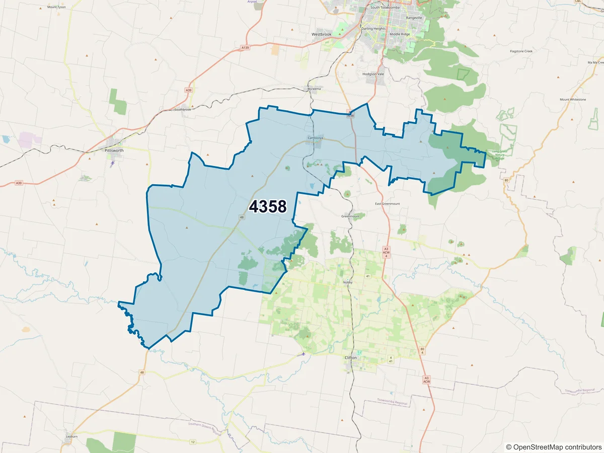 Map of postcode 4358 — Cambooya, QLD, Australia