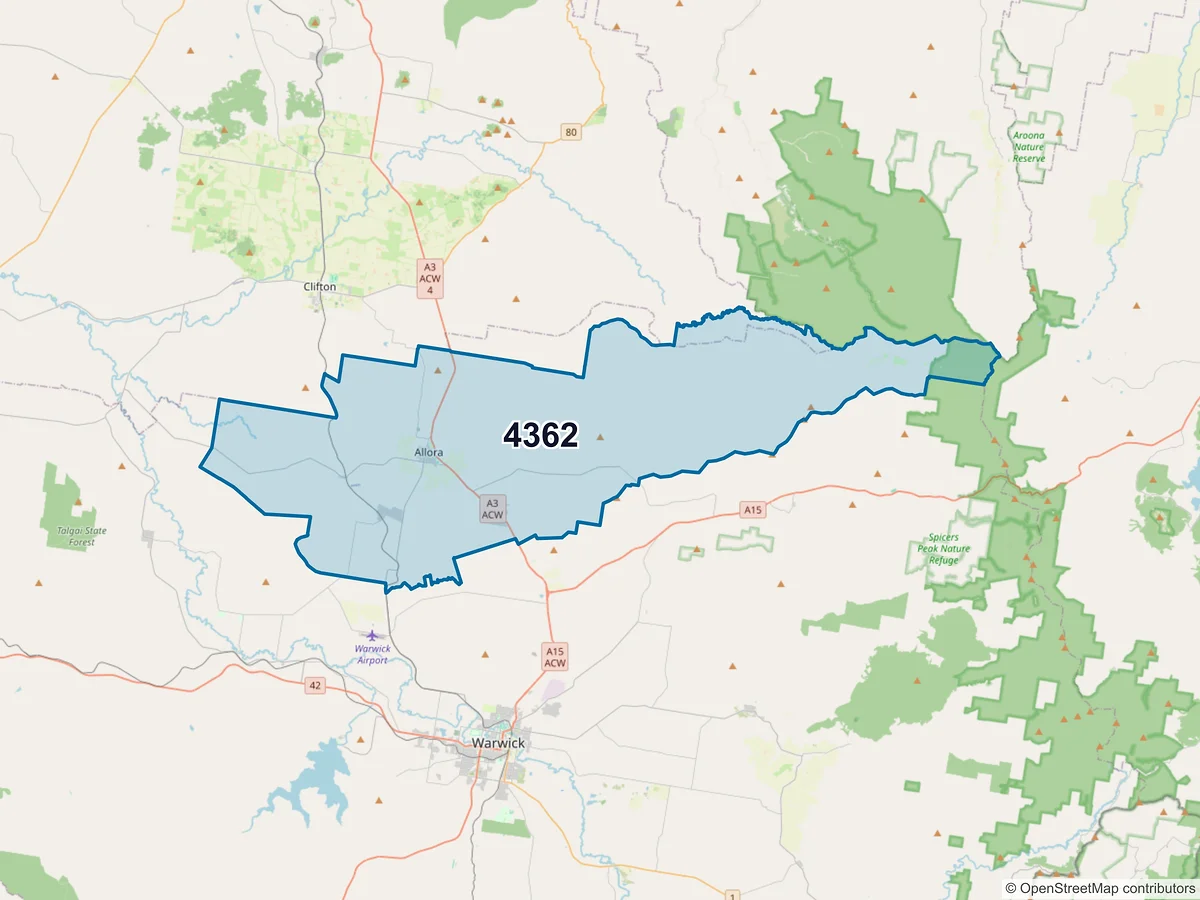 Map of postcode 4362 — Allora, QLD, Australia
