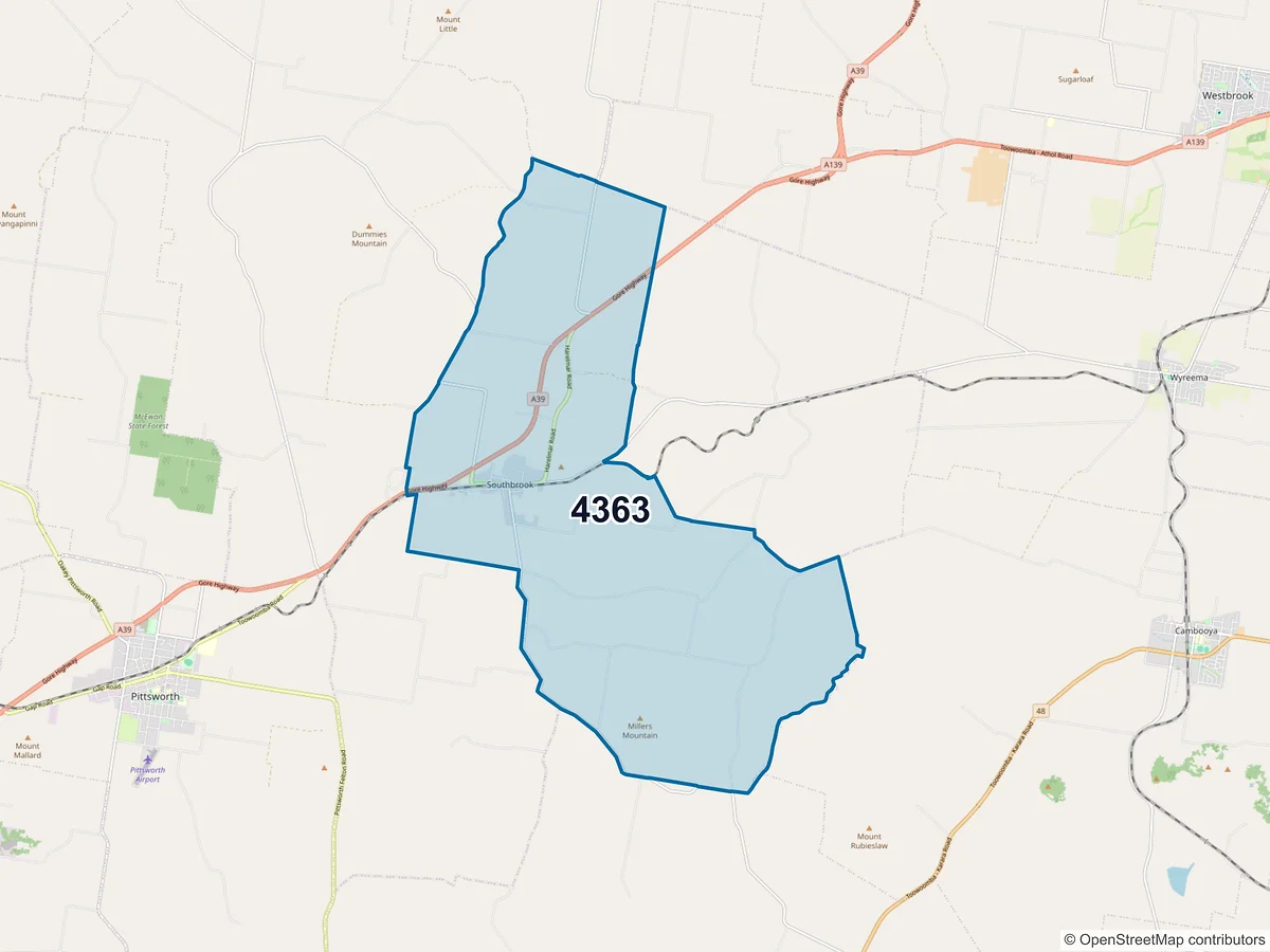 Map of postcode 4363 — Southbrook, QLD, Australia