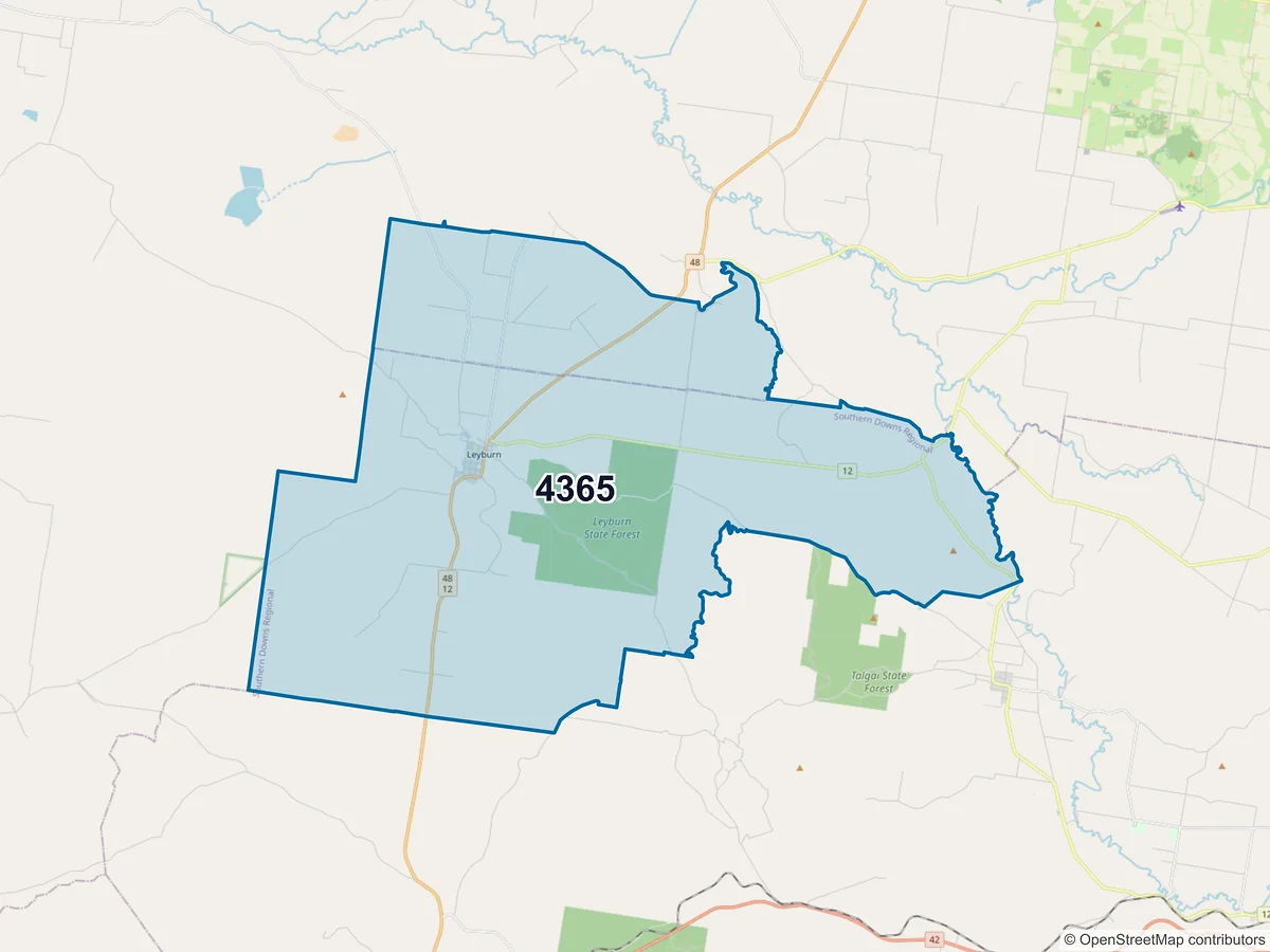 Map of postcode 4365 — Leyburn, QLD, Australia