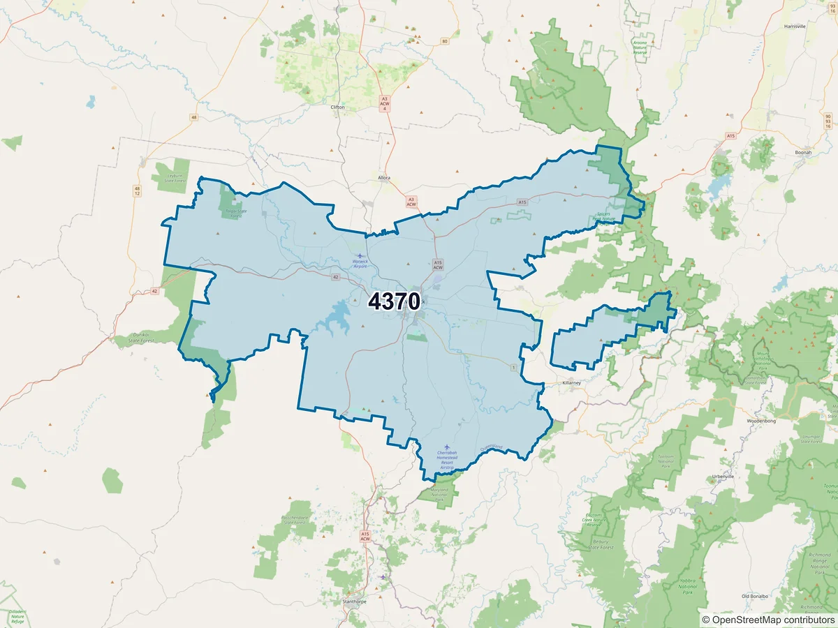 Map of postcode 4370 — Warwick, QLD, Australia