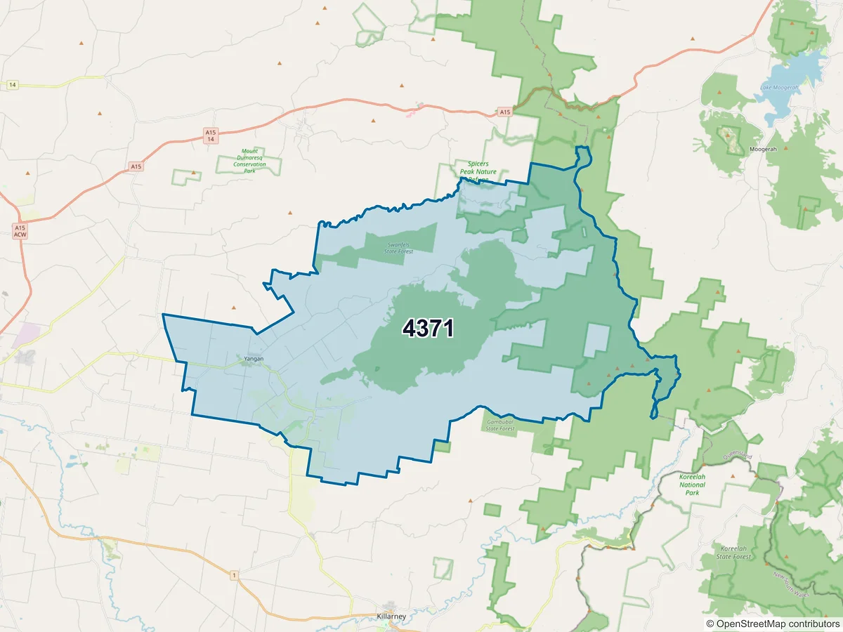 Map of postcode 4371 — Yangan, QLD, Australia