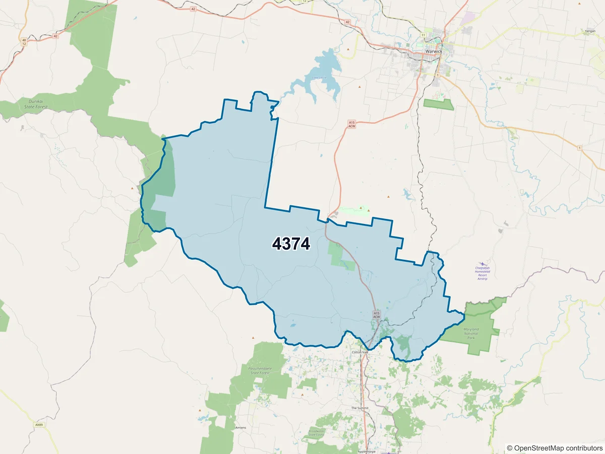 Map of postcode 4374 — Dalveen, QLD, Australia