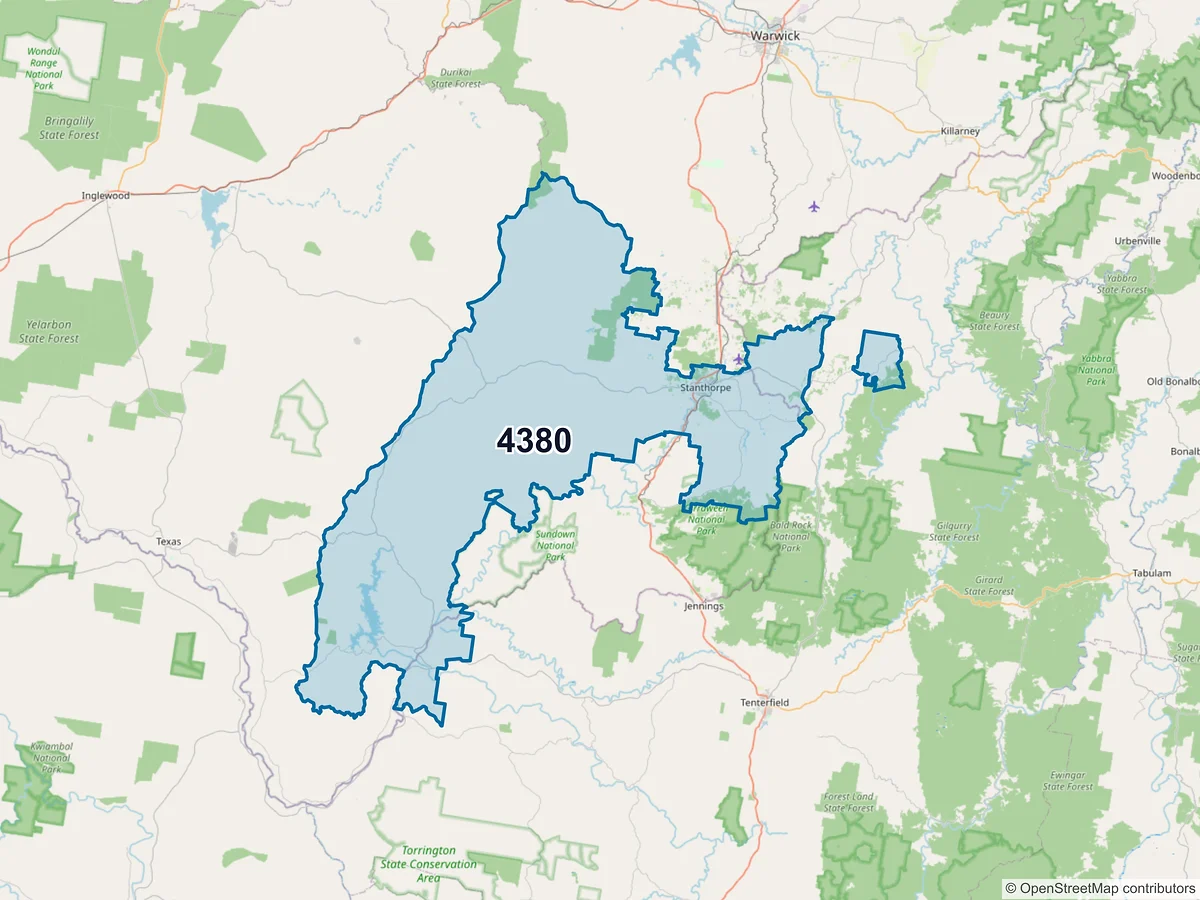 Map of postcode 4380 — Stanthorpe, QLD, Australia