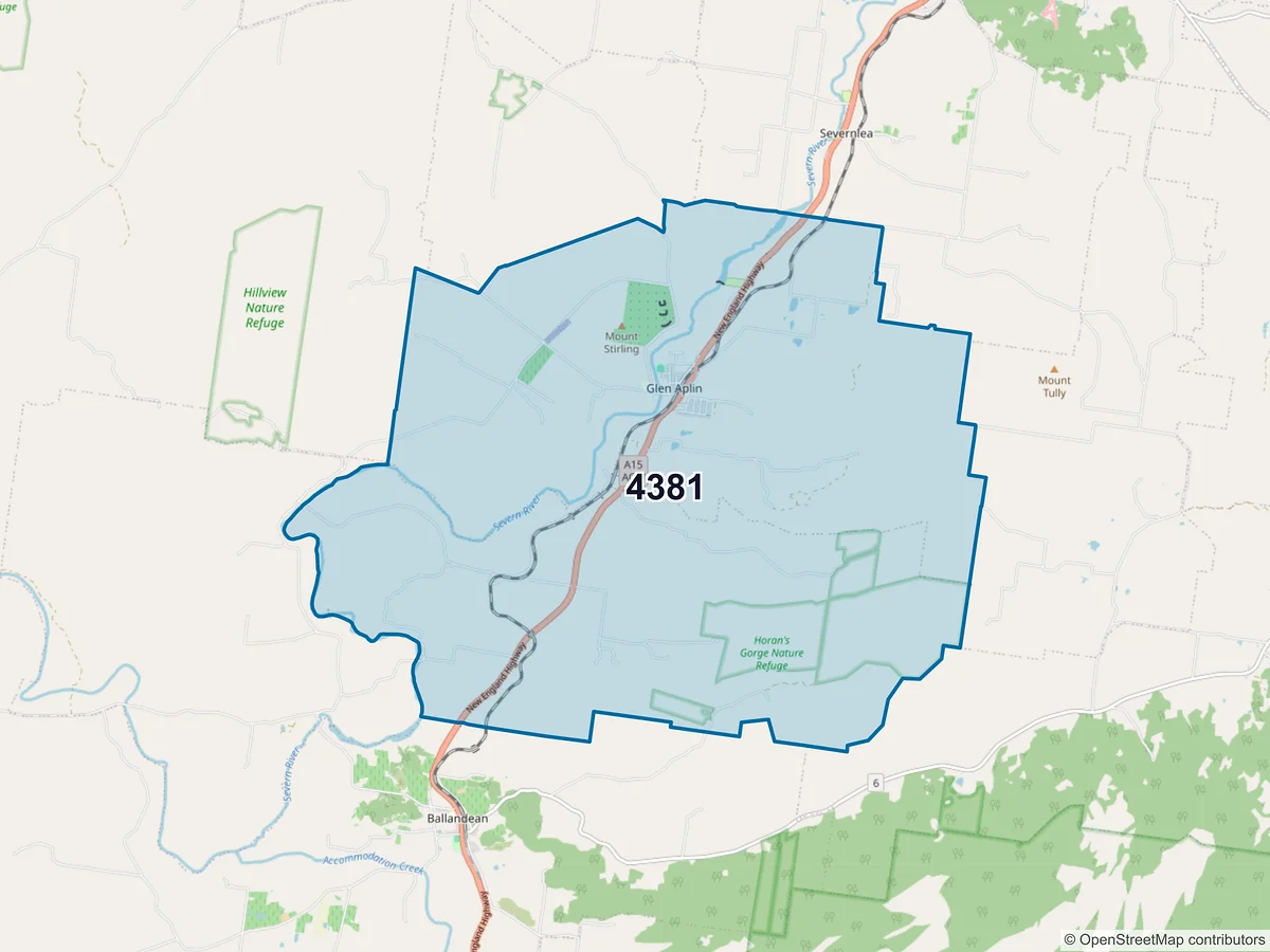 Map of postcode 4381 — Glen Aplin, QLD, Australia