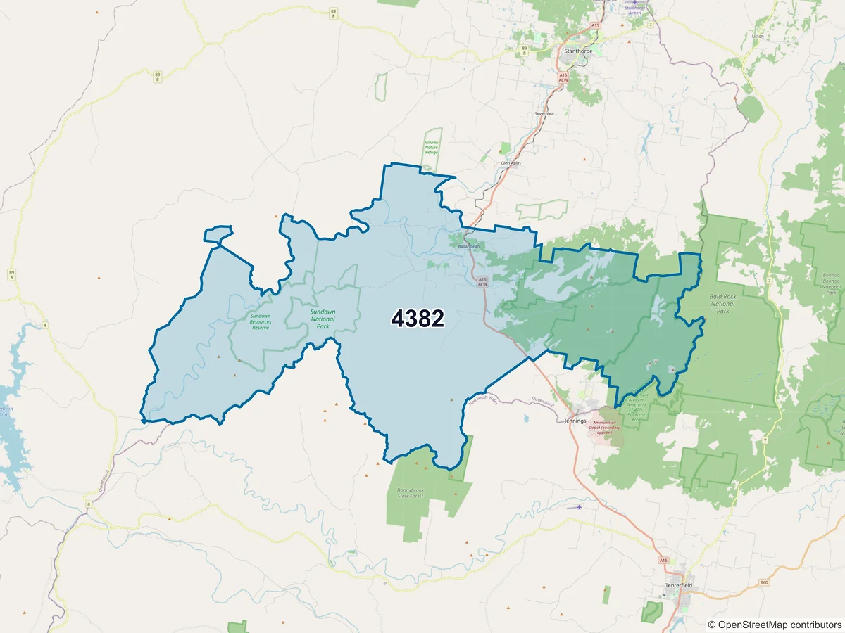 Map of postcode 4382 — Ballandean, QLD, Australia