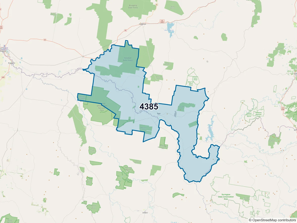 Map of postcode 4385 — Texas, QLD, Australia
