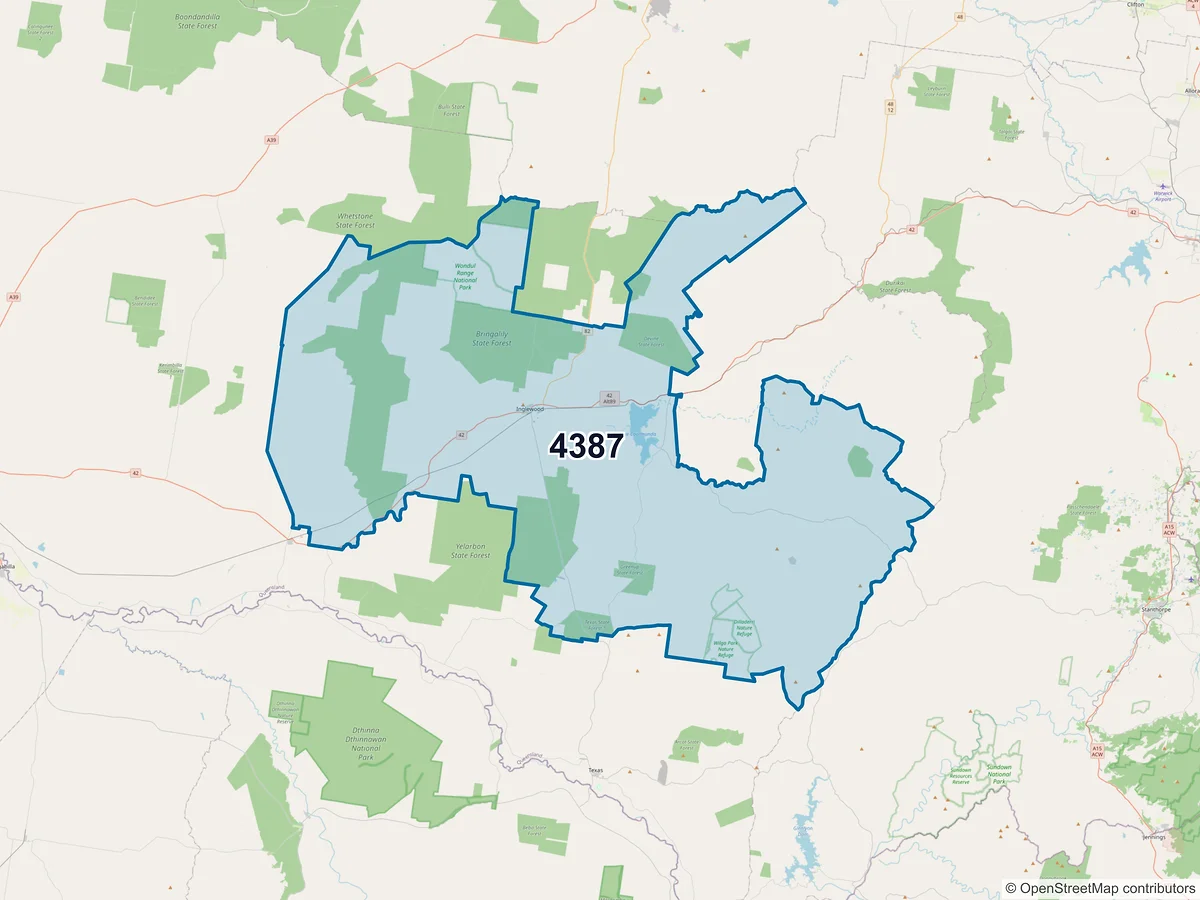 Map of postcode 4387 — Inglewood, QLD, Australia