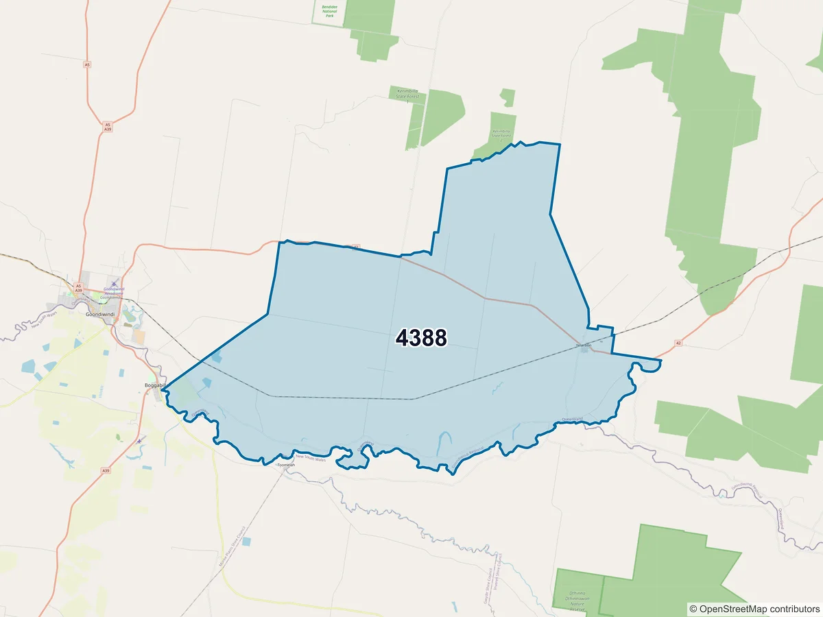 Map of postcode 4388 — Yelarbon, QLD, Australia