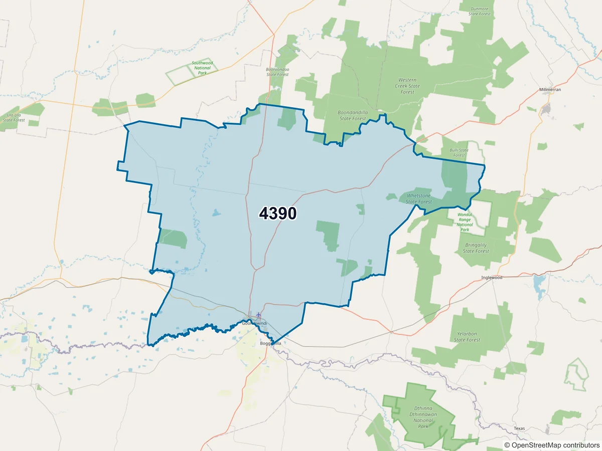 Map of postcode 4390 — Goondiwindi, QLD, Australia