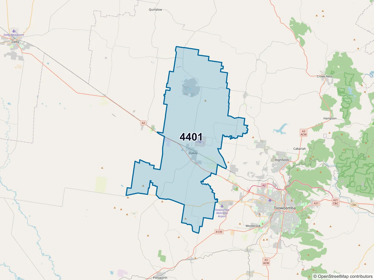 Map of postcode 4401 — Oakey, QLD, Australia