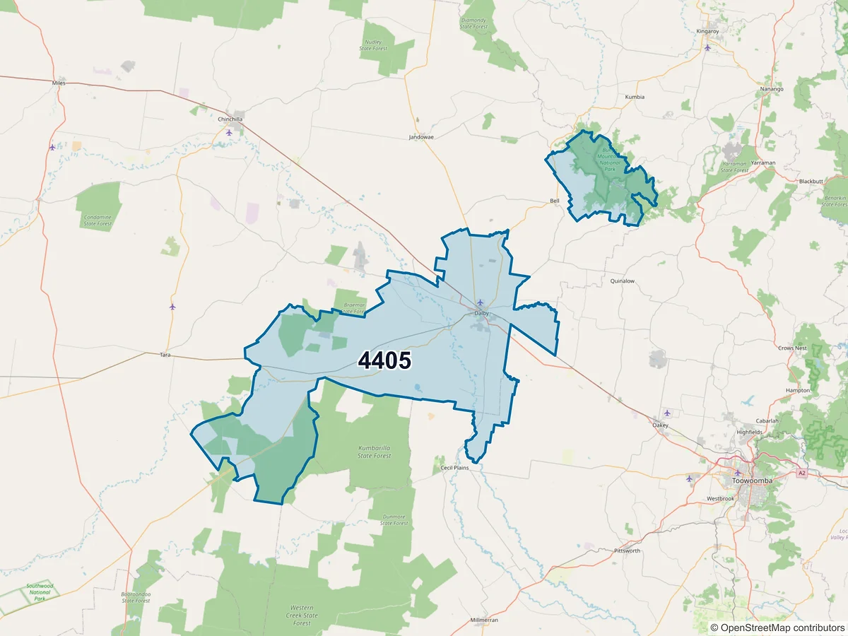 Map of postcode 4405 — Dalby, QLD, Australia