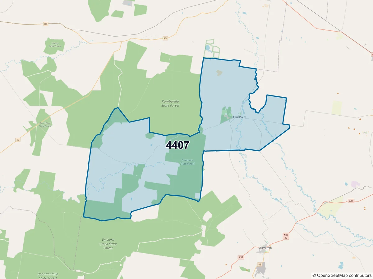 Map of postcode 4407 — Cecil Plains, QLD, Australia
