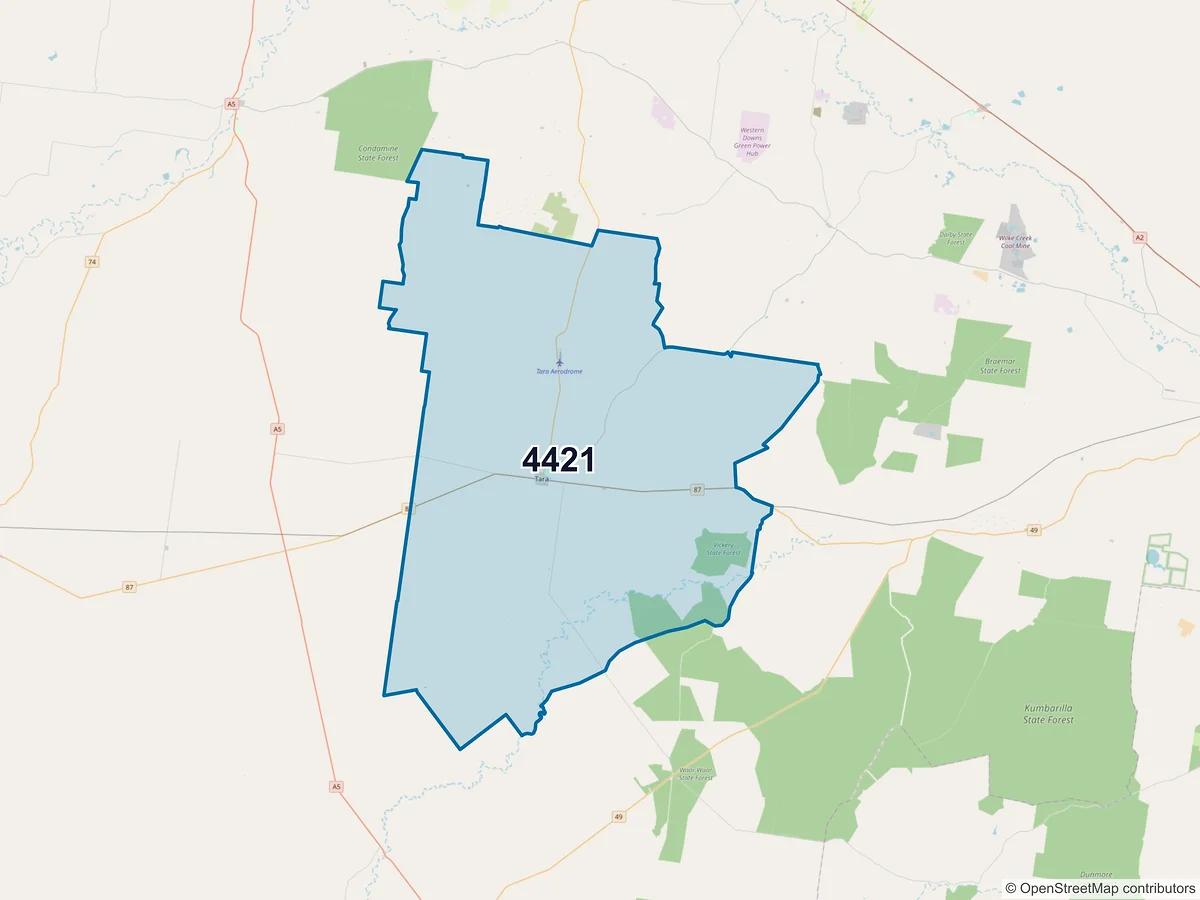 Map of postcode 4421 — Tara, QLD, Australia