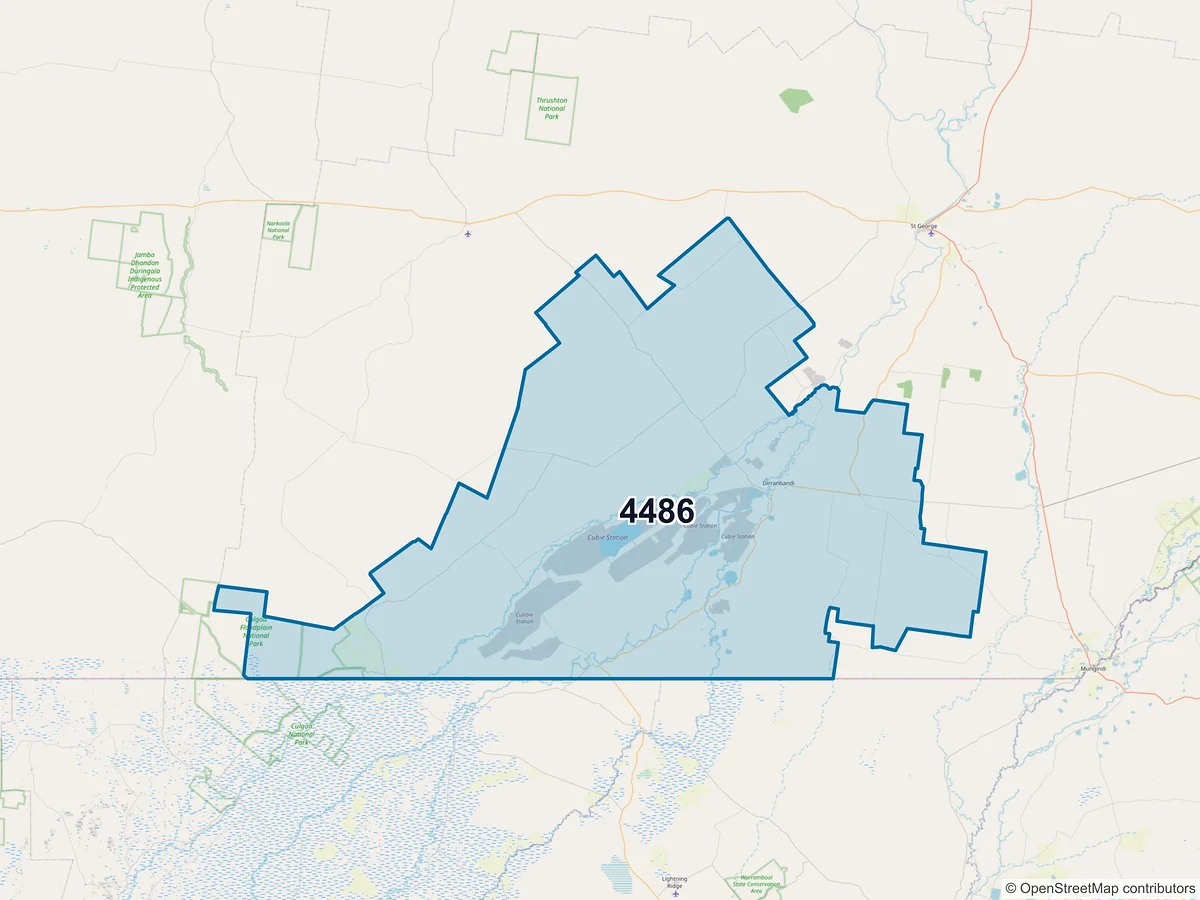 Map of postcode 4486 — Dirranbandi, QLD, Australia