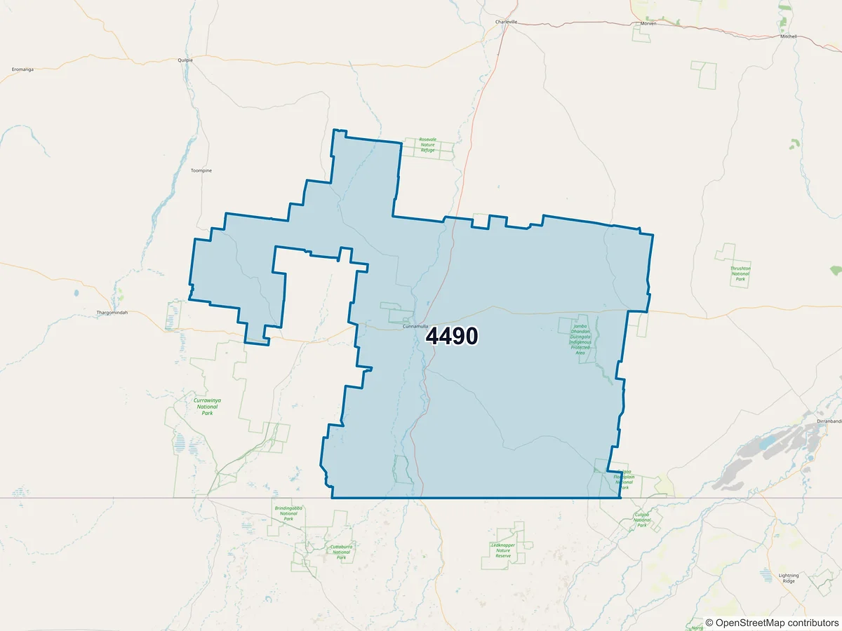 Map of postcode 4490 — Cunnamulla, QLD, Australia