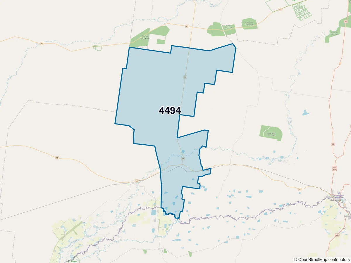 Map of postcode 4494 — Bungunya, QLD, Australia