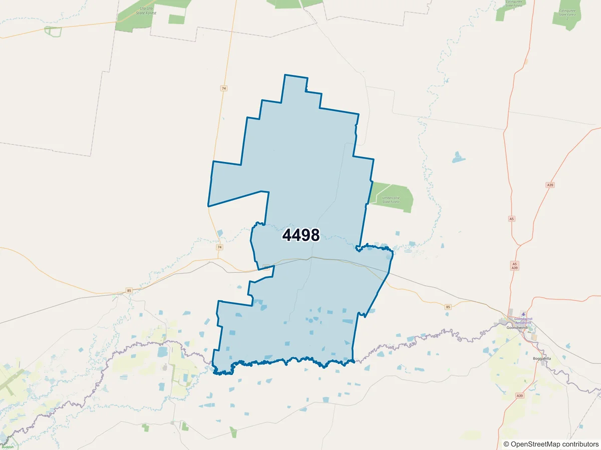 Map of postcode 4498 — Toobeah, QLD, Australia