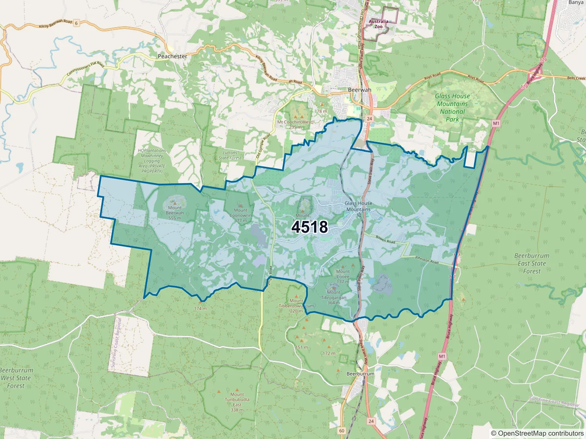 Map of postcode 4518 — Glass House Mountains, QLD, Australia