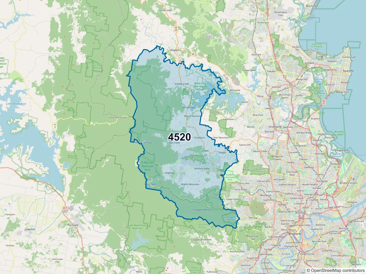Map of postcode 4520 — Samford Valley, QLD, Australia