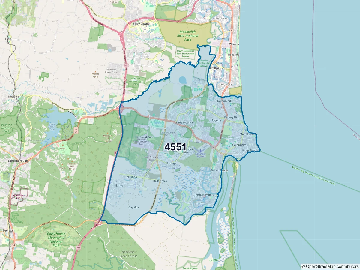 Map of postcode 4551 — Caloundra, QLD, Australia