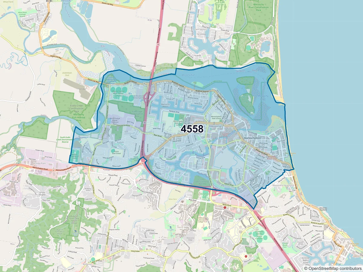 Map of postcode 4558 — Maroochydore, QLD, Australia