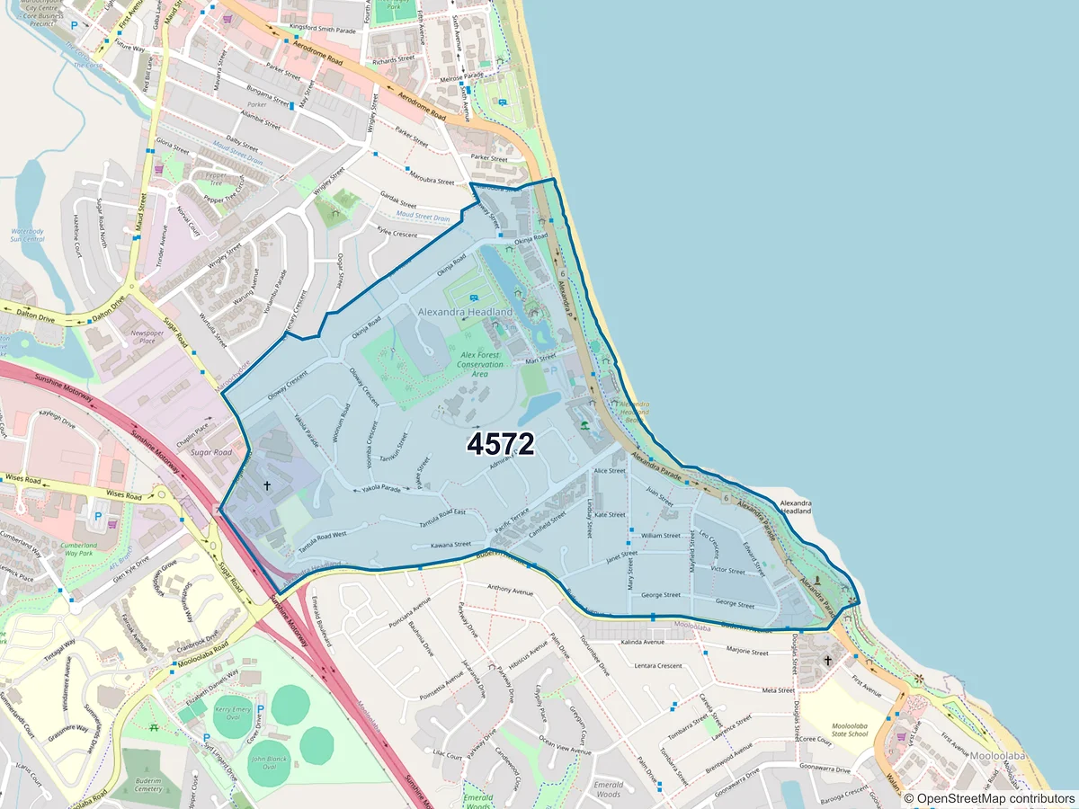Map of postcode 4572 — Alexandra Headland, QLD, Australia