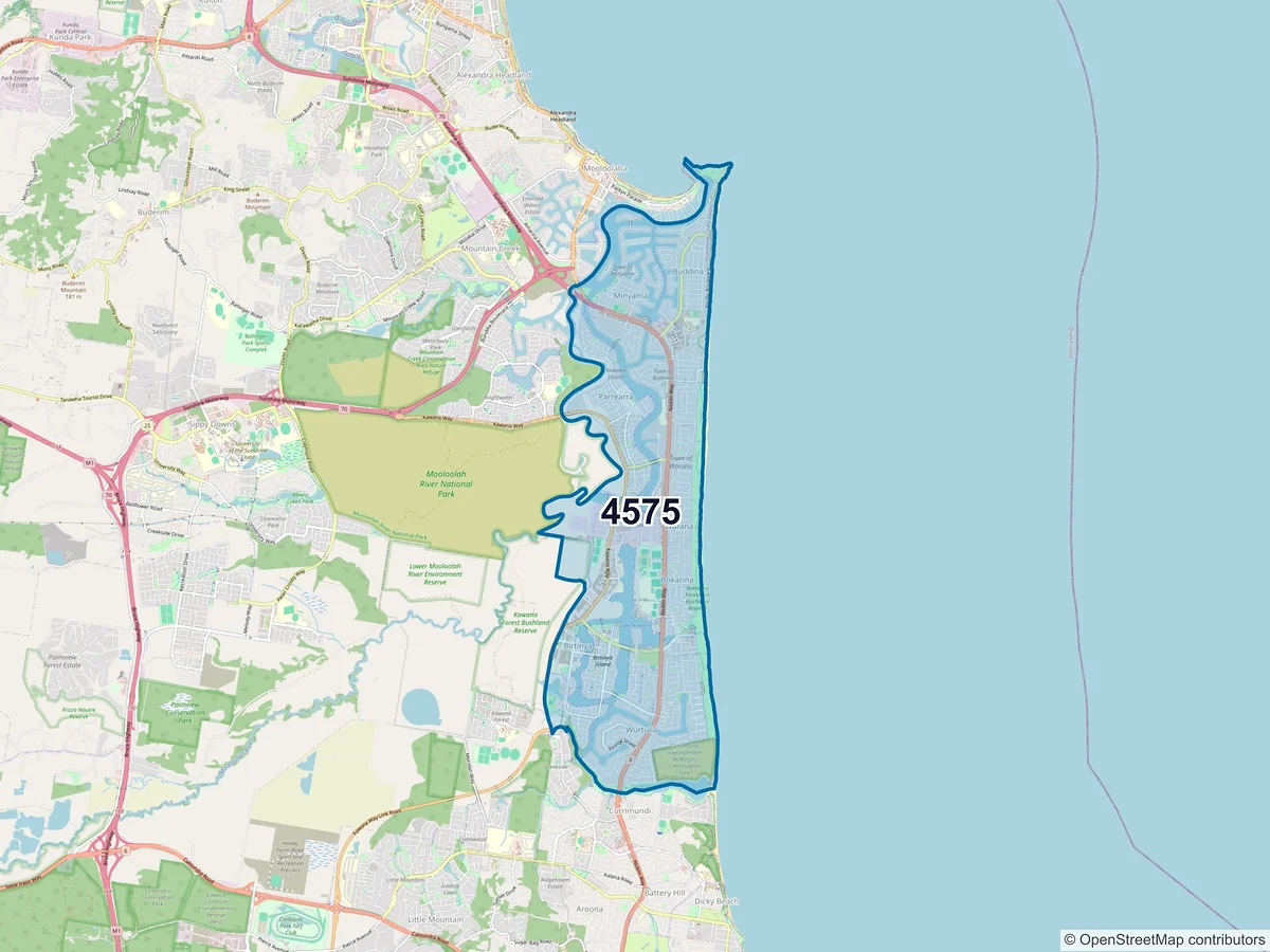 Map of postcode 4575 — Birtinya, QLD, Australia