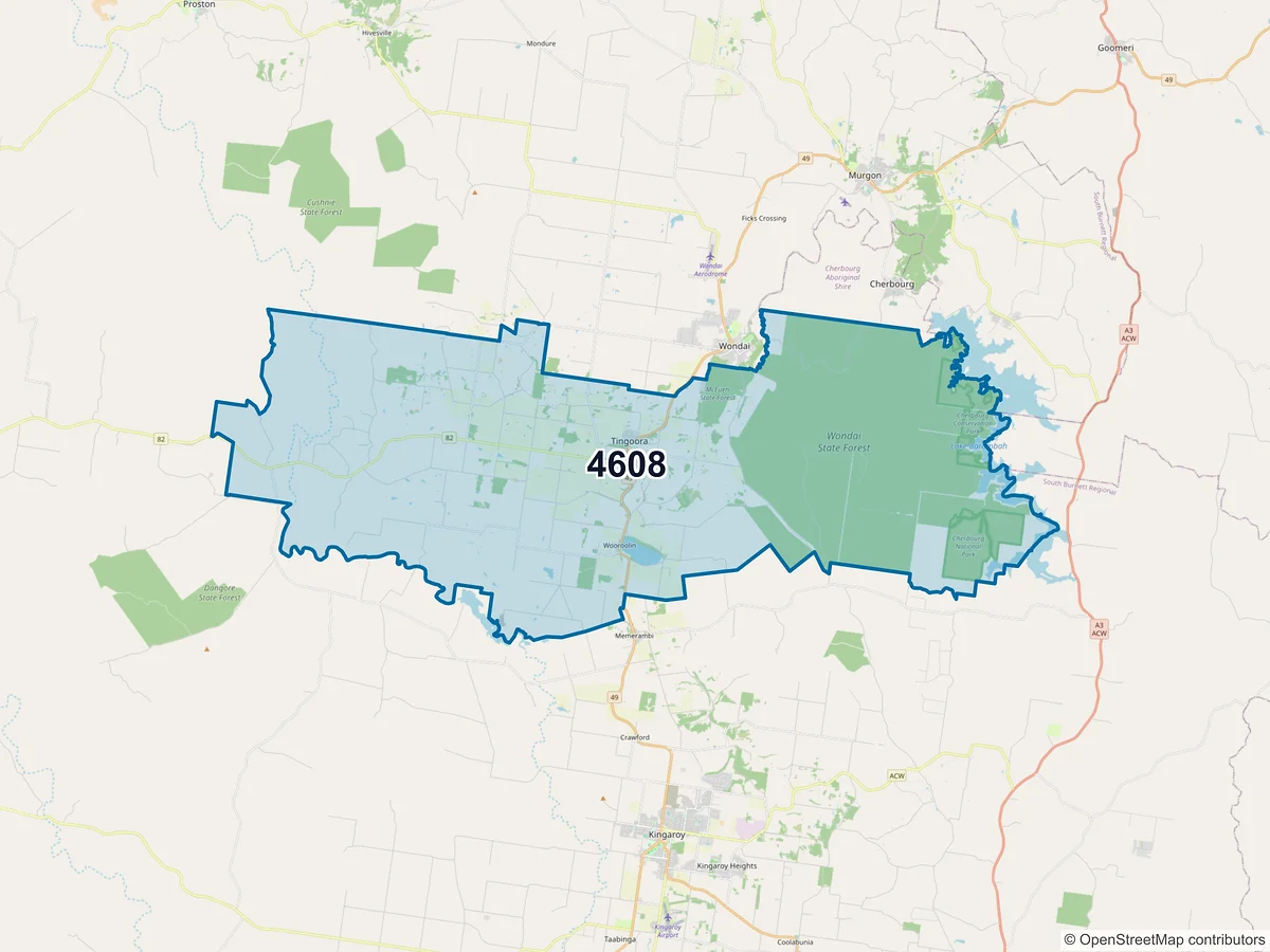 Map of postcode 4608 — Tingoora, QLD, Australia