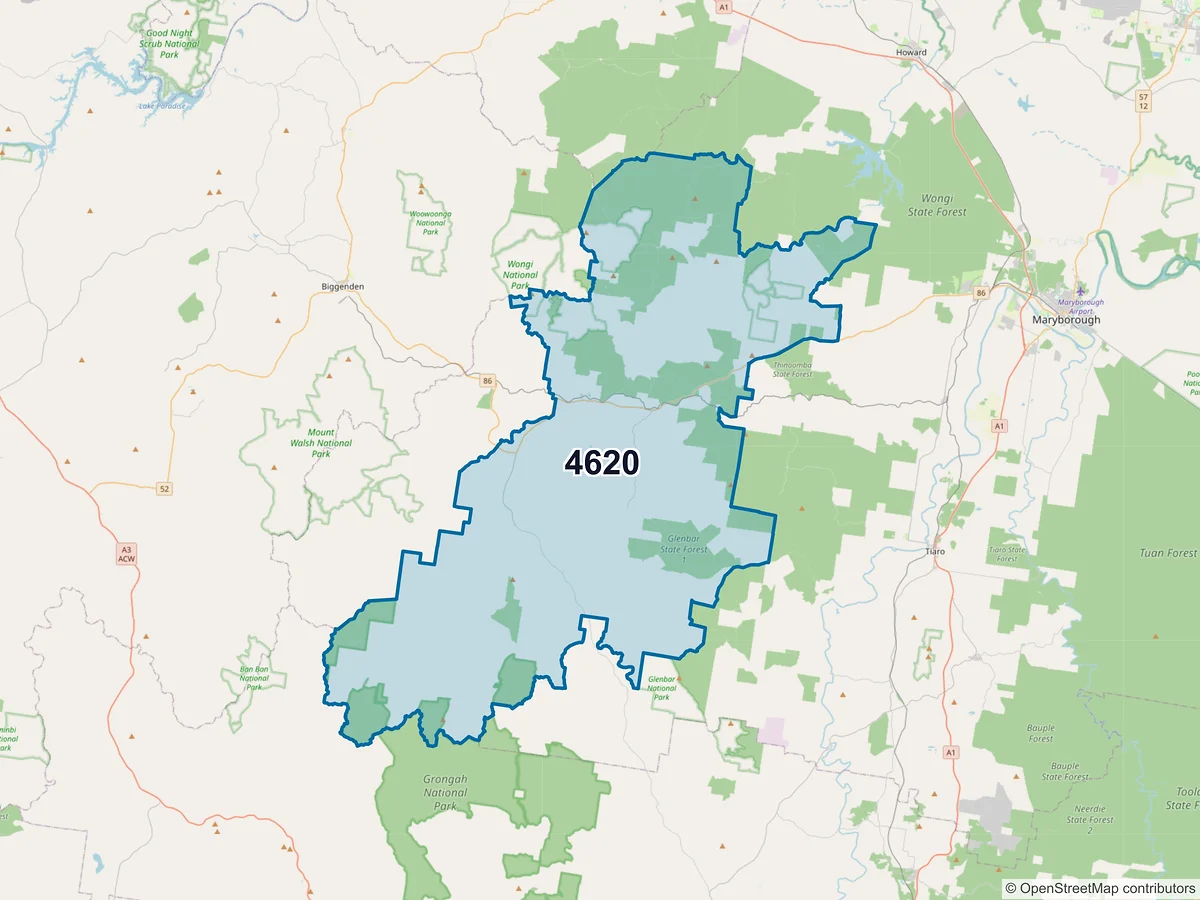 Map of postcode 4620 — Brooweena, QLD, Australia