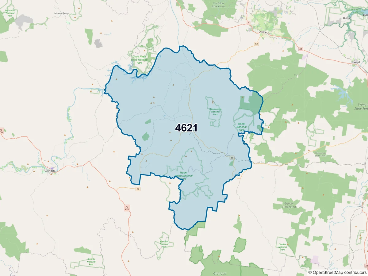 Map of postcode 4621 — Biggenden, QLD, Australia