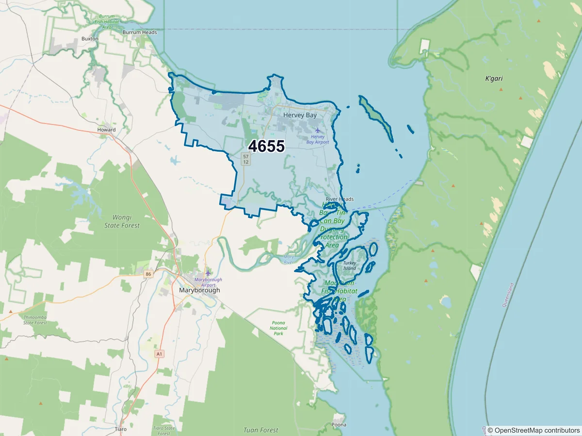 Map of postcode 4655 — Urangan, QLD, Australia