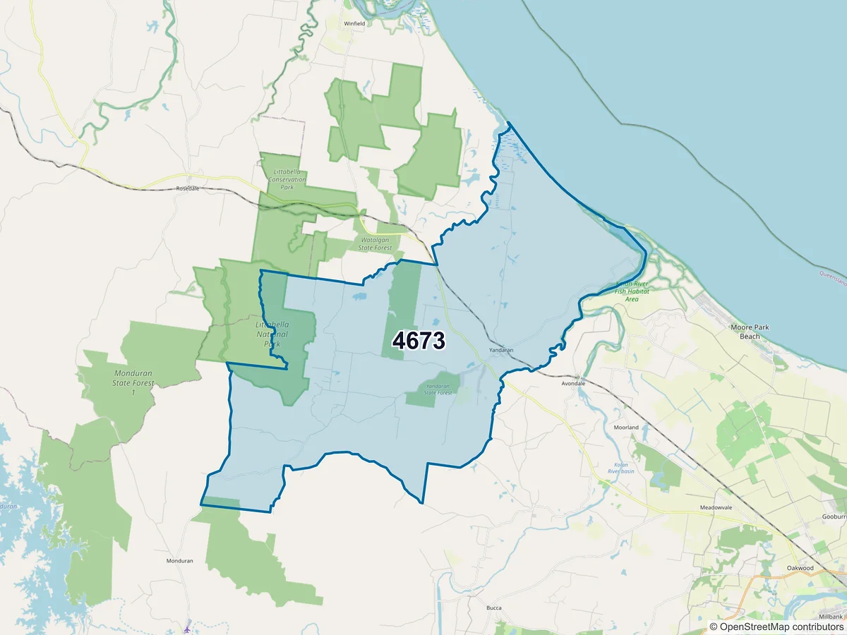 Map of postcode 4673 — Yandaran, QLD, Australia
