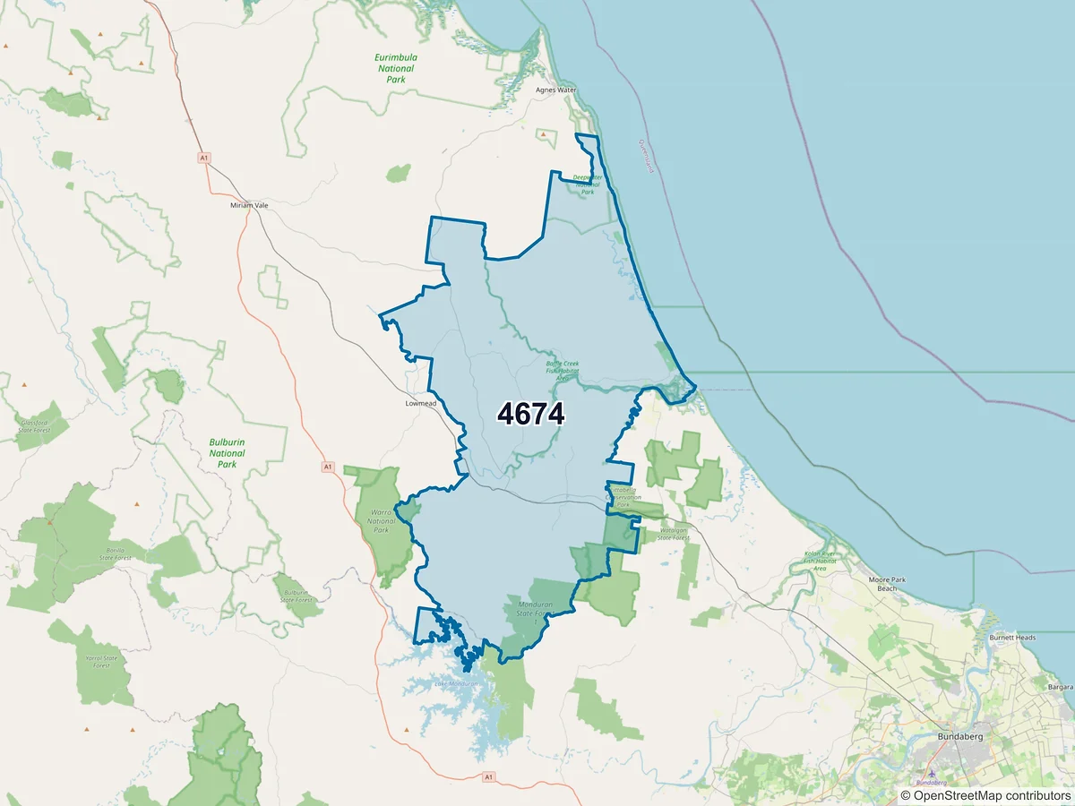Map of postcode 4674 — Deepwater, QLD, Australia