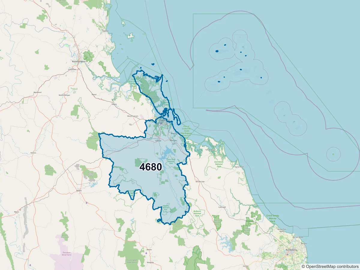 Map of postcode 4680 — West Gladstone, QLD, Australia