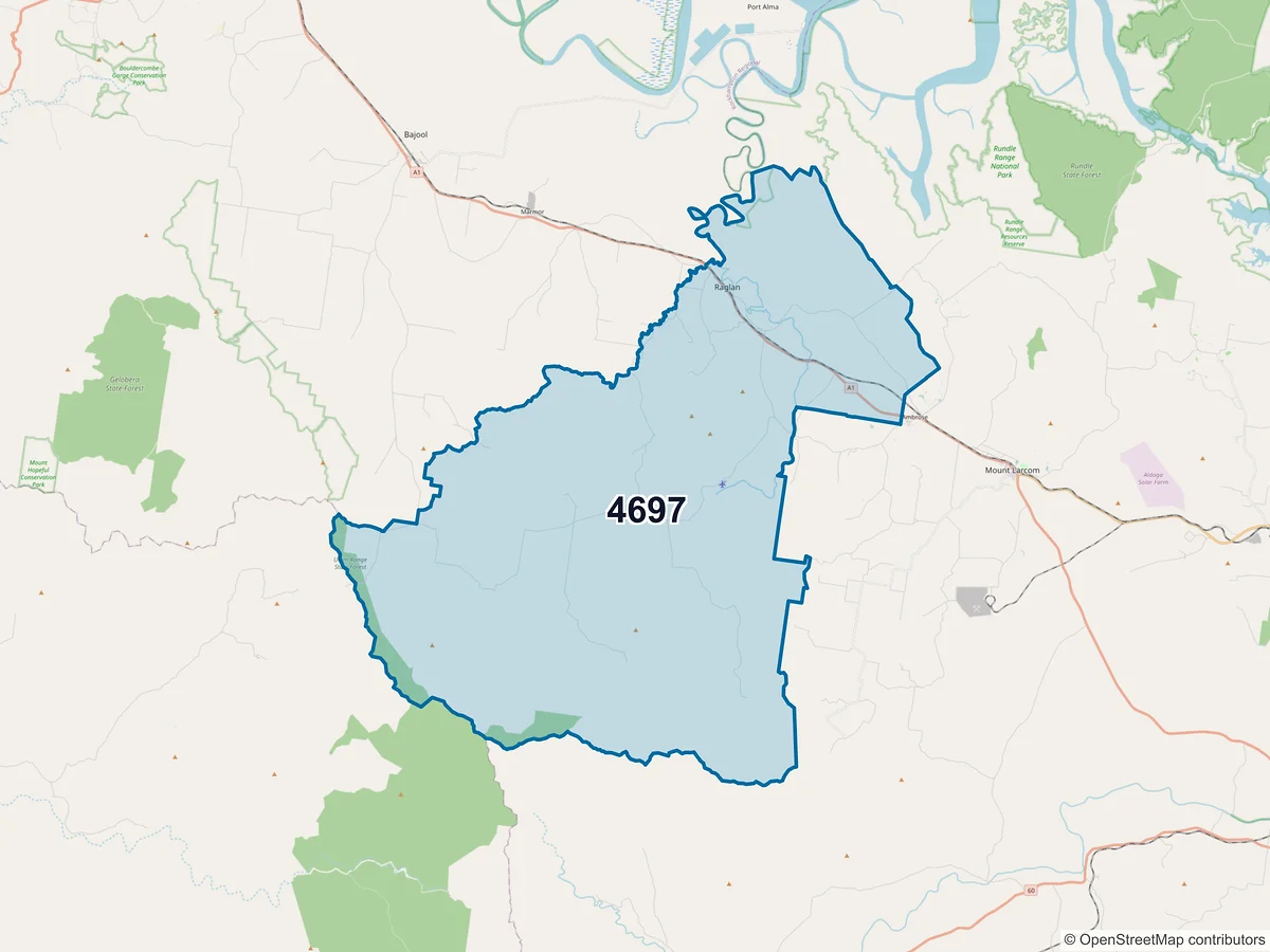 Map of postcode 4697 — Raglan, QLD, Australia