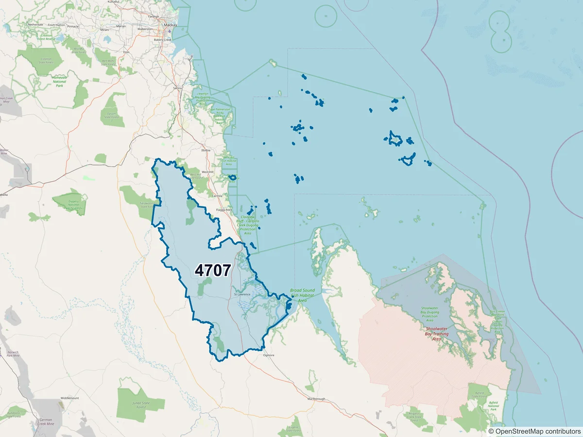 Map of postcode 4707 — St Lawrence, QLD, Australia