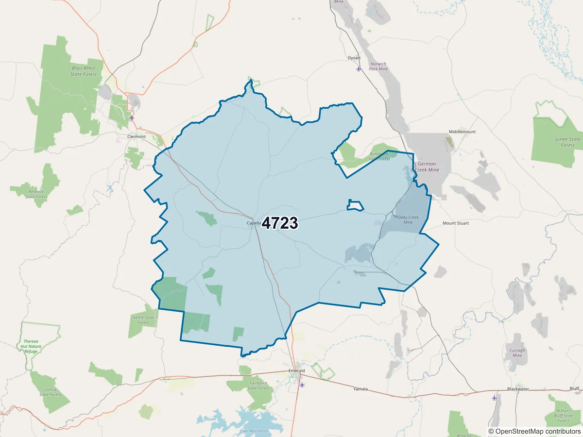 Map of postcode 4723 — Capella, QLD, Australia