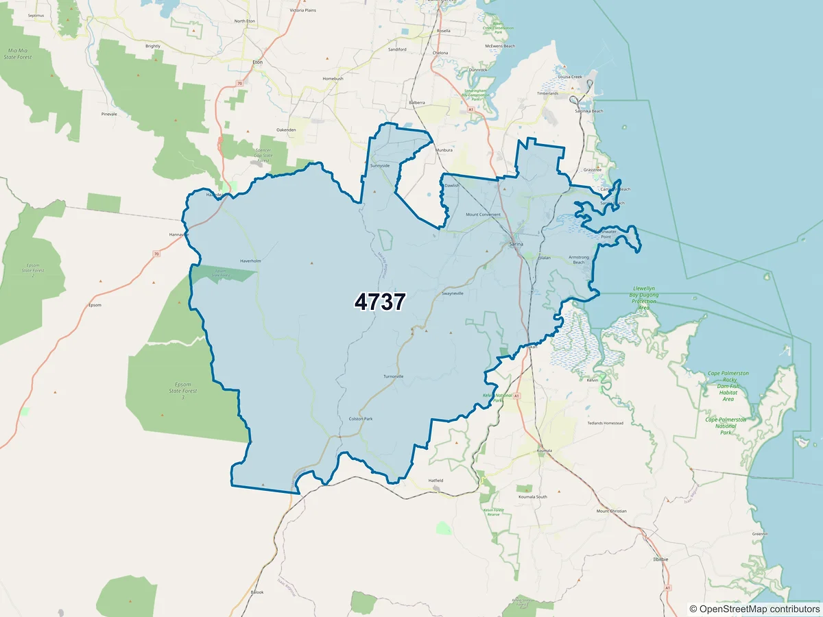 Map of postcode 4737 — Sarina, QLD, Australia