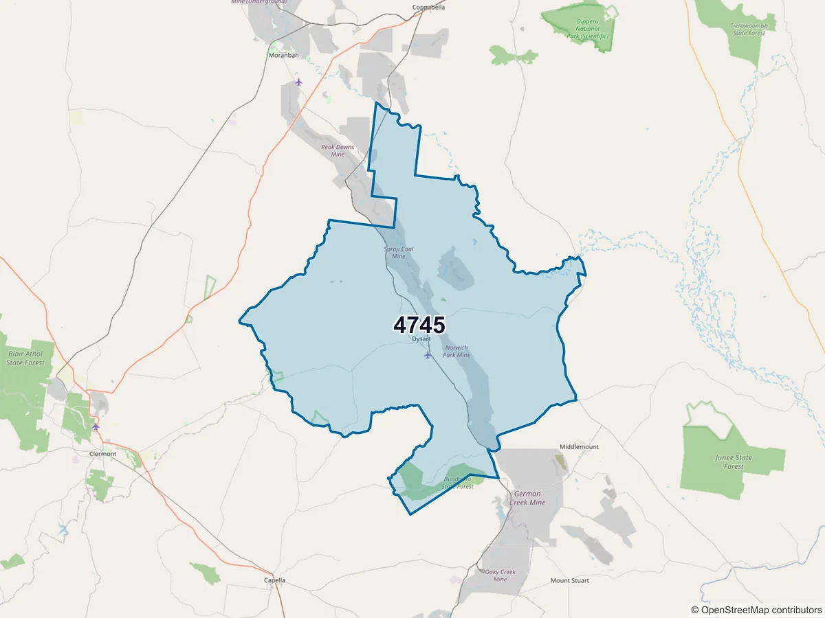 Map of postcode 4745 — Dysart, QLD, Australia