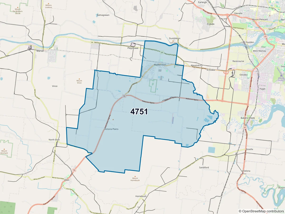 Map of postcode 4751 — Walkerston, QLD, Australia