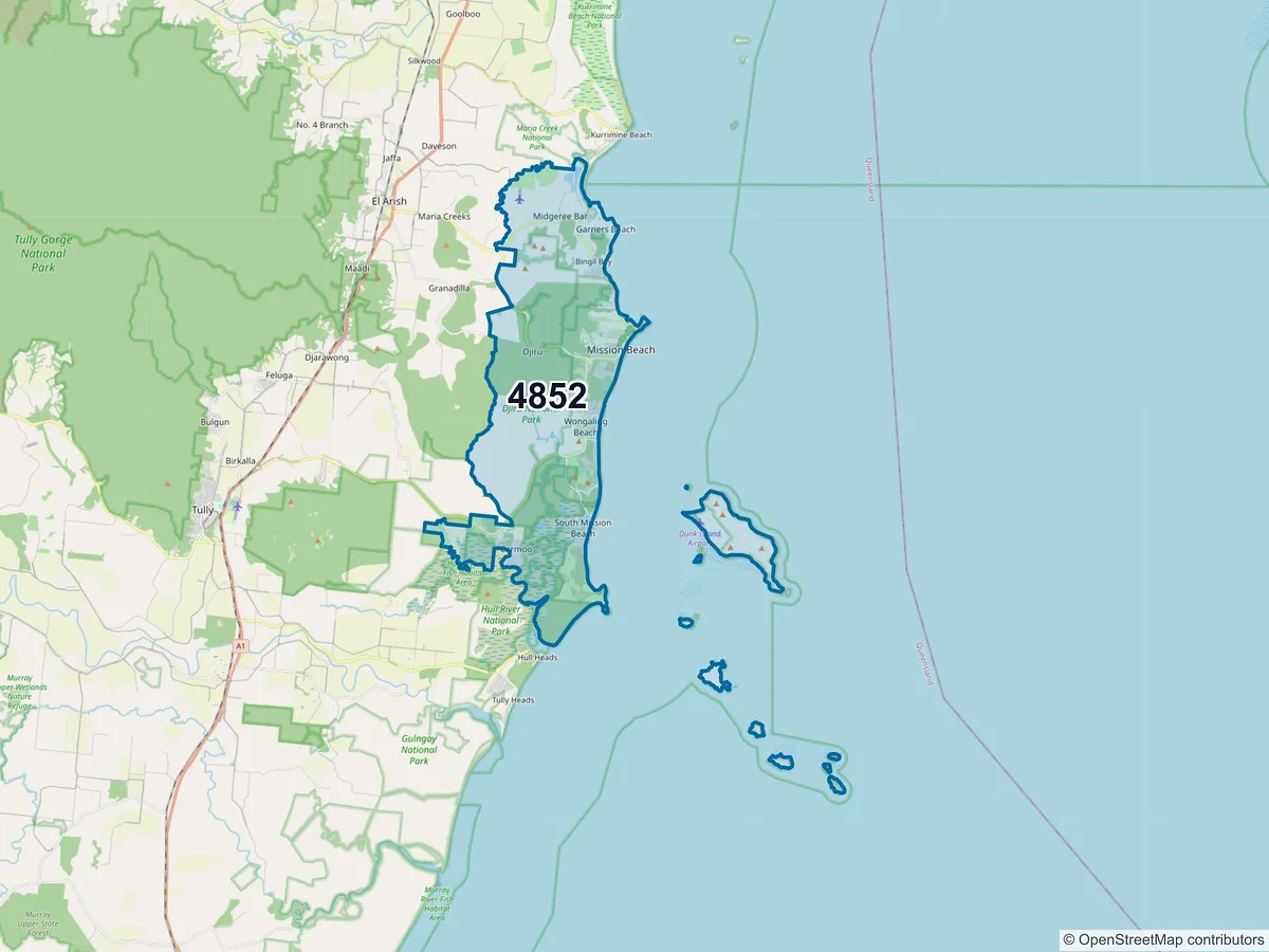 Map of postcode 4852 — Mission Beach, QLD, Australia