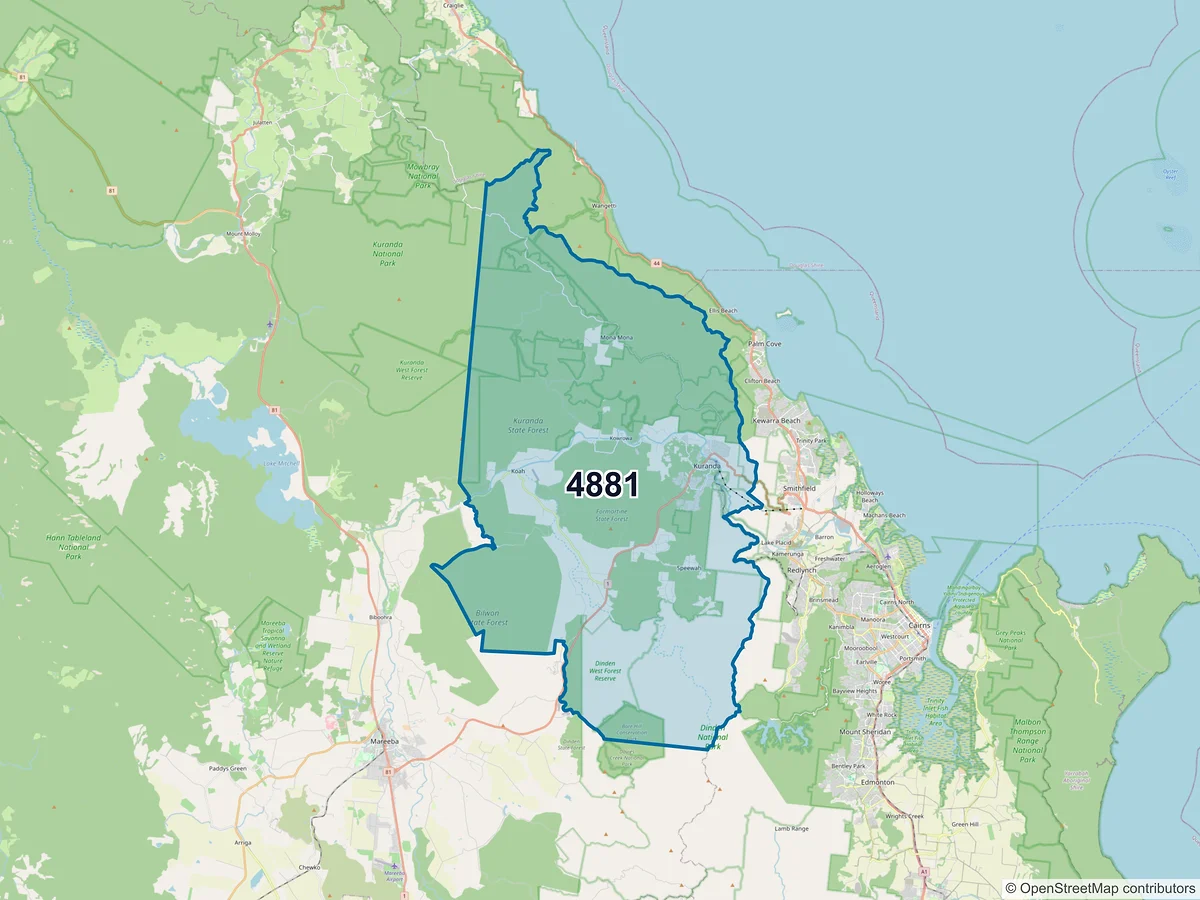 Map of postcode 4881 — Kuranda, QLD, Australia