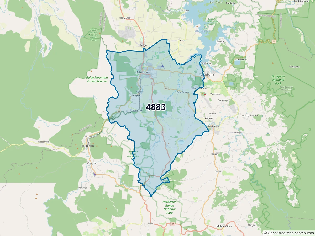 Map of postcode 4883 — Atherton, QLD, Australia