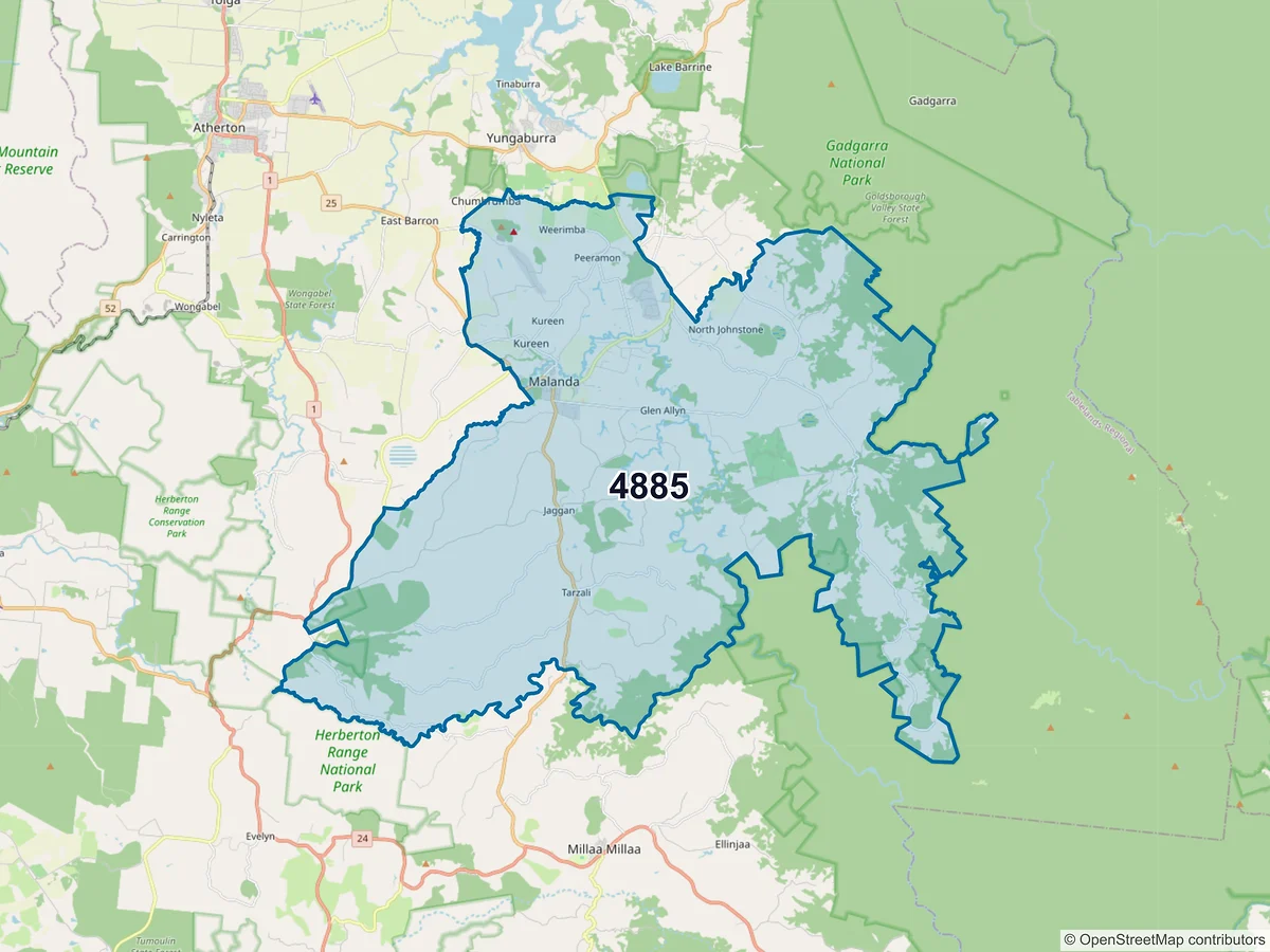Map of postcode 4885 — Malanda, QLD, Australia