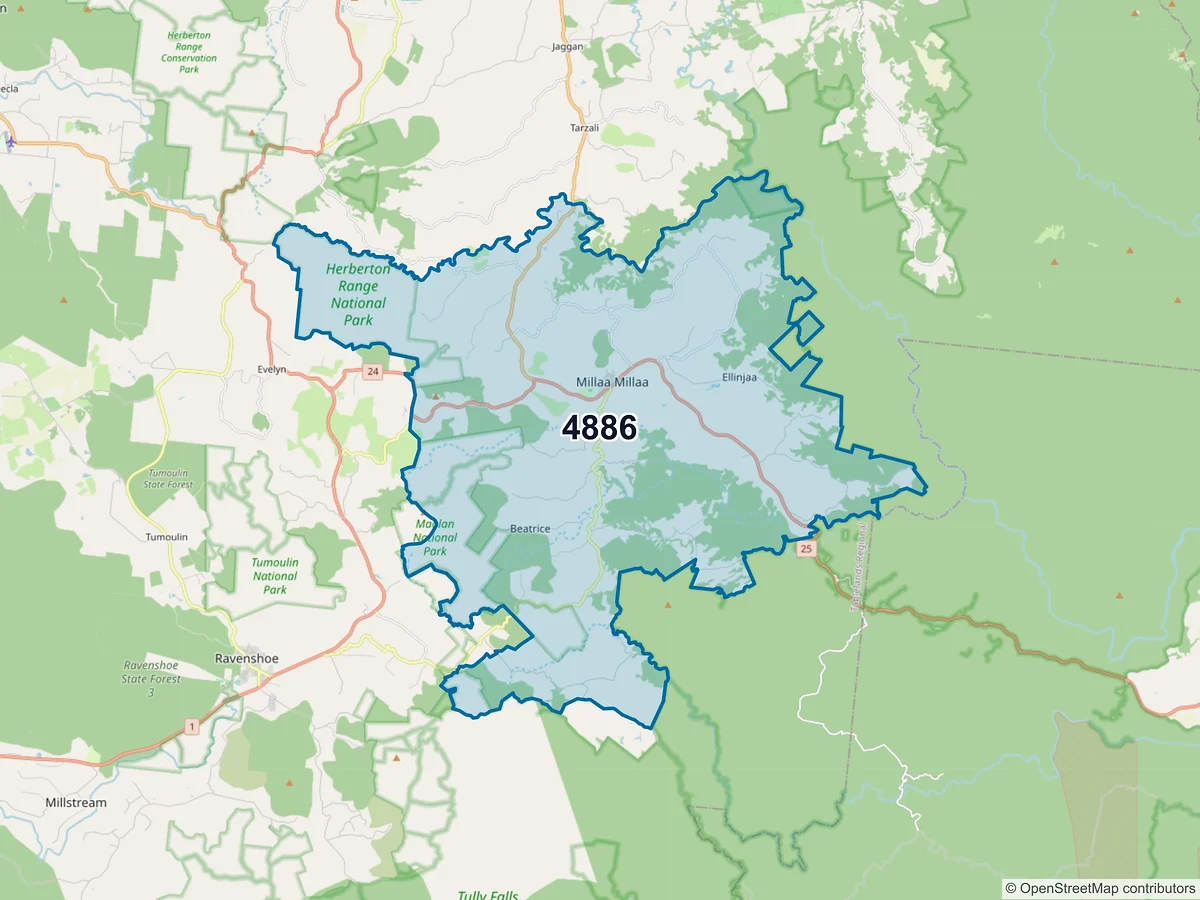 Map of postcode 4886 — Millaa Millaa, QLD, Australia
