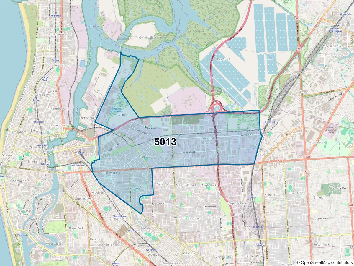 Map of postcode 5013 — Wingfield, SA, Australia