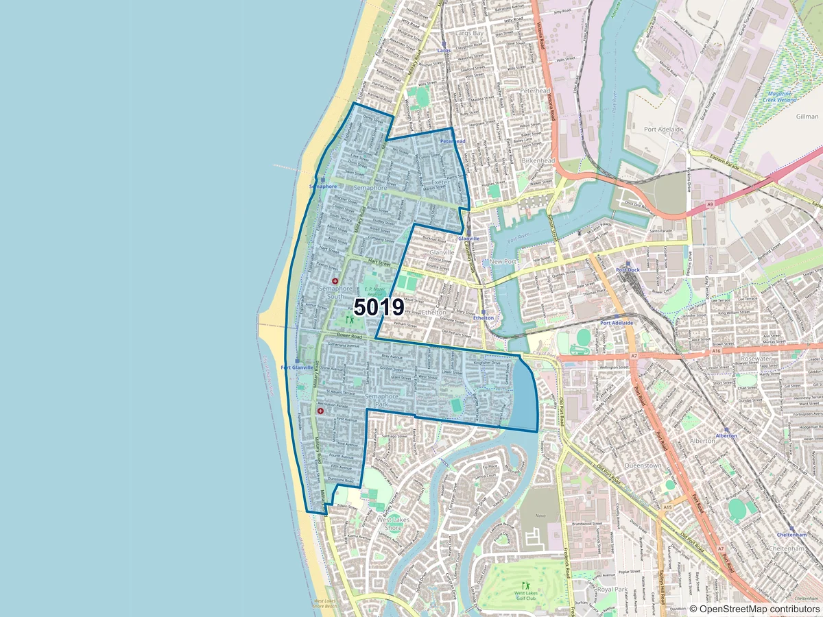 Map of postcode 5019 — Semaphore Park, SA, Australia